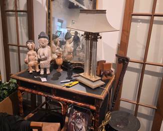 Antique Bamboo Writing Desk with Chinoiserie Decoration and Mirror