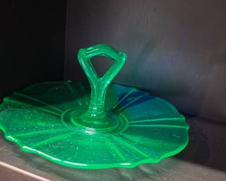 Green Uranium Glass Handled Sandwich Tray