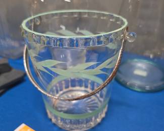 Vintage Glass Ice Bucket with Green Leaf Motif