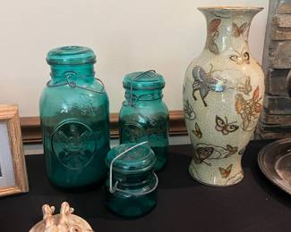 Vintage teal Ball mason jars featuring raised eagle emblem, Vintage butterfly vase