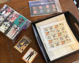 Stamps and hockey, basketball cards