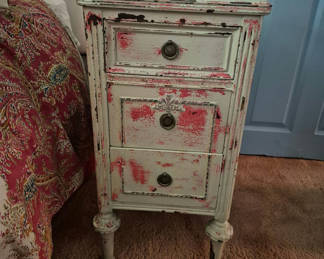 Lot 52: Two distressed white three-drawer nightstands