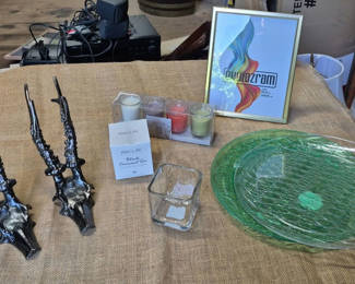 Lot 49: Decorative Antler Hooks, Candles, Glassware, and Framed Art Print