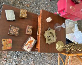 Miscellaneous boxes, trivets and candlesticks