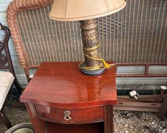Heavy mahogany end table with drawer and nice brass table lamp