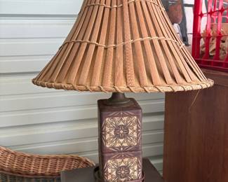Antique tea box lamp with rattan lamp shade
