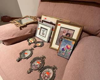 Assorted Decorative Frames and Small Art Pieces, including Vintage Mini Frames and Cross Stitch Art