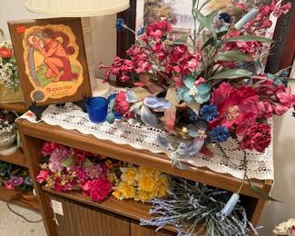 Mid-Century Modern Style Wood Cabinet with Faux Floral Arrangement and Aquarius Artwork
