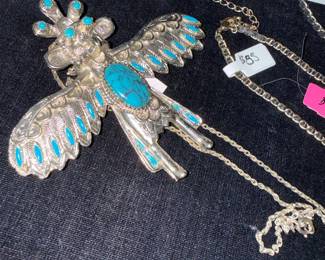 Sterling Silver and Turquoise Kachina Bird Pendant Necklace