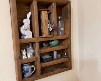 Rustic Wooden Cubby Wall Shelf with Assorted Decorative Items