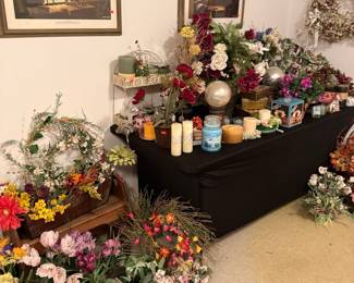 Assorted Decorative Wreaths, Floral Arrangements, and Candles