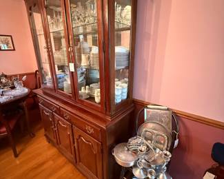 Thomasville Winston Court Collection Solid Cherry China Cabinet with Silver-Plated Serving Ware