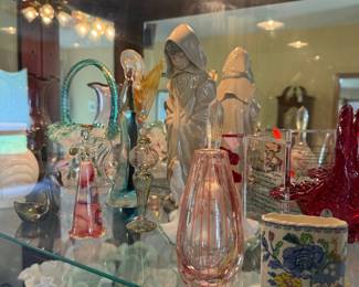 Assorted Vintage Glass Figurines, Vases, and Decorative Items including Anniversary Plaque