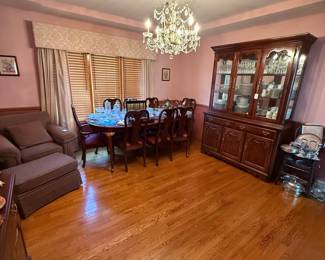 Mahogany Dining Room Set with China Cabinet and Crystal Chandelier