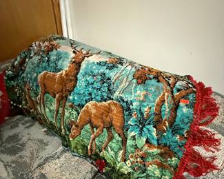 Vintage Deer Scene Velvet Wall Hanging with Fringe