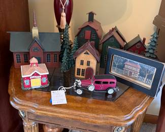 Folk Art Miniature Christmas Village Collection with Vintage Car
