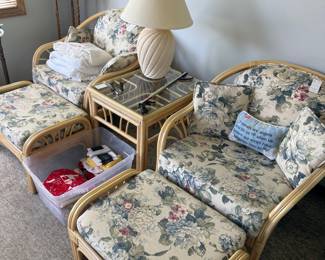 Benchcraft Rattan Armchair and Ottoman Set with Floral Upholstery
