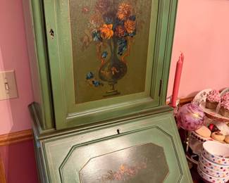 Green Painted Secretary Desk with Floral Motifs, Italian Venetian Style