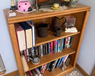 Oak Bookcase with Assorted Decorative Items