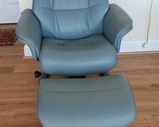 Blue Leather Fjords RecinlerSwivel Chair wFoot Stool