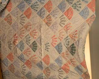 #62 fan pattern scrappy quilt 80x80 as is $40.00