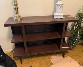 #75 midcentury glass door slide shelf 44x13x33 $75.00
