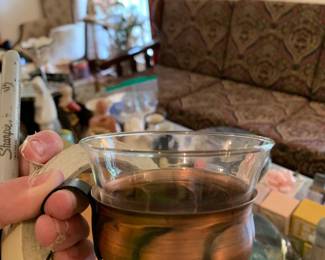 #139 Copper mule mugs glass and copper 6 w tray $30.00