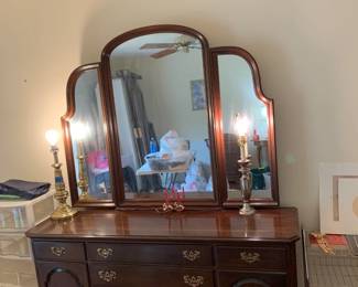#20 Ethan Allen dresser with mirror 8 drawers 2 doors 65x19x32 mirr 26x46 $125.00