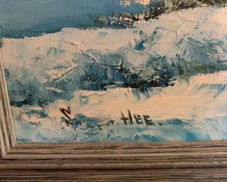 #159 Acrylic mountain landscape w village and lake signed and frame 39x31 $120.00