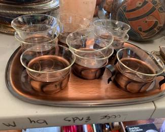 #139 Copper mule mugs glass and copper 6 w tray $30.00