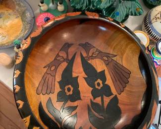 #146 Wooden bowl 12x5 carved birds $30.00