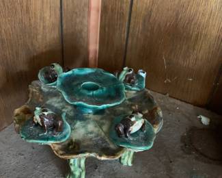 #109 frog clay candle holder on stand $29.00