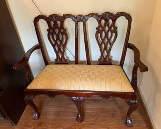 #16 Chipendale ball and claw settee 48 inch long as is yellow seat $120.00