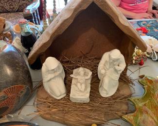 #137 3 piece Dresden ceramic nativity set with wood house $50.00