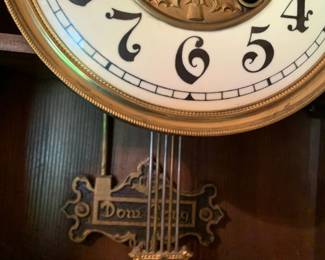 #19 german Dom Gong wood wall clock with brass center and pendulum 14x7x26 $150.00