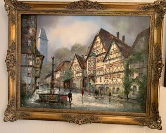 #161 Acrylic Bavarian street scene with gold frame 37x30 $220.00