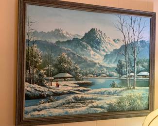 #159 Acrylic mountain landscape w village and lake signed and frame 39x31 $120.00