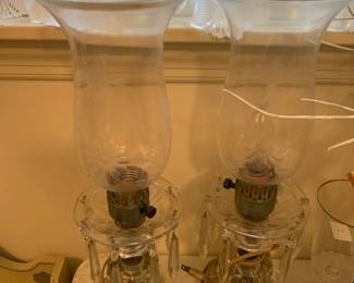 #166 pair of electrified prisms 15 inch tall lamps as is miss 1 prism $40.00 #167 pair of electrified prisms 15 inch tall lamps $50.00