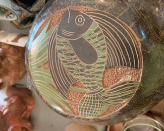 #138 Ceramic jug w carved fish $30.00