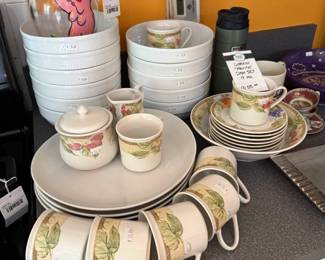Signed Painted Pitcher, Gibson Dish Set