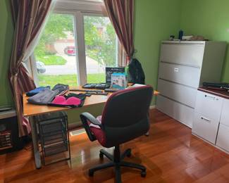Wooden Desk, Rolling Office Chair 
