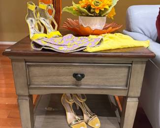 Wooden Side Table, Women's Shoes, Murano-Style Pulled Feather Vase 