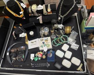Luminor Panerai Watch, Monet Necklace and Earring Set, Jade Bracelets, Etched Elephant Cuff Bracelet 