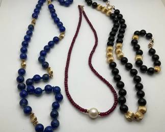 Lapis, Ruby Black Bead Statement Necklaces