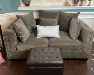 Gray Loveseat with Tufted Storage Ottoman