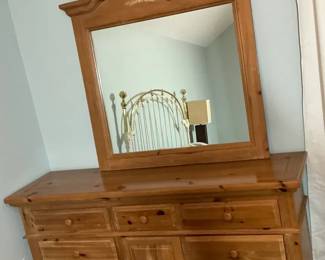 Pine Dresser with Mirror, Seven Drawers and Center Cabinet