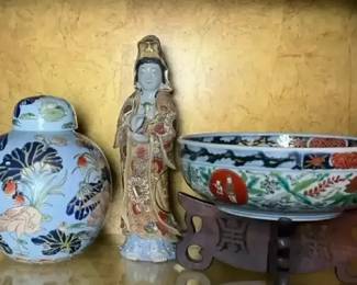 Asian Porcelain Ginger Jar, Guanyin Figure Decorative Bowl