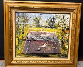 “Tennis in Wilderness” Morris Katz Original Framed Oil Painting, Signed 1979