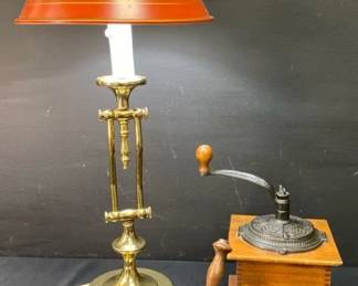Vintage Brass Colored Lamp With Metal Shade, Wood Coffee Grinder, Wood Mortar Pestle