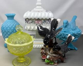 Vintage White And Blue Milk Glass Candy Dishes And More